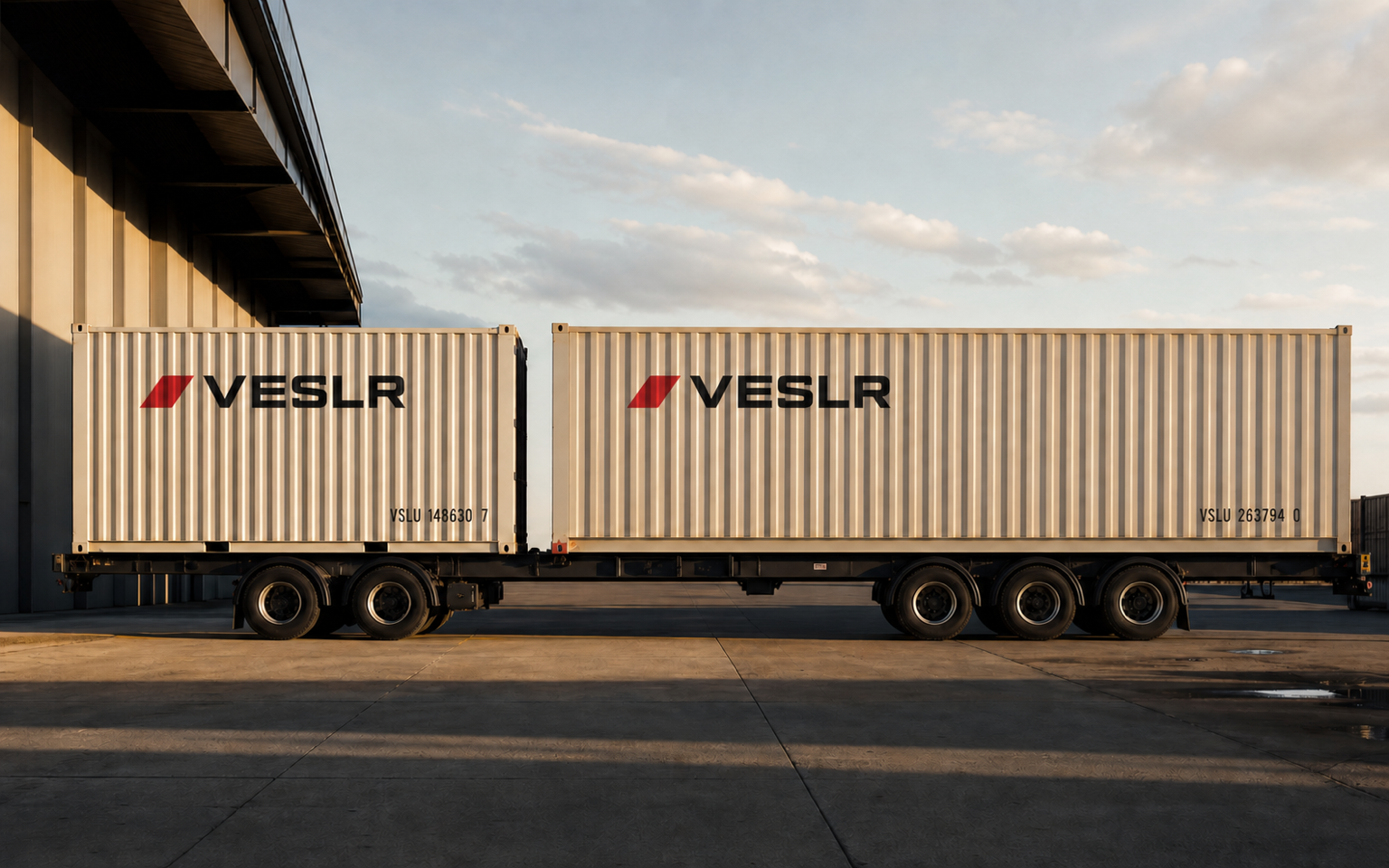 A 20ft and 40ft shipping container shown at realistic scale in a modern depot