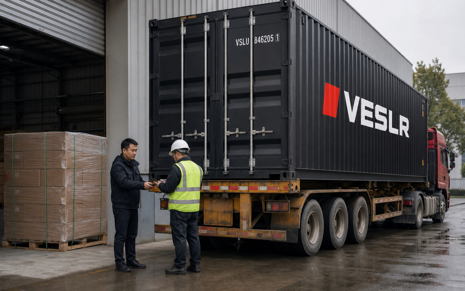 Supplier factory loading cartons while a first-time buyer reviews EXW and FOB responsibility points