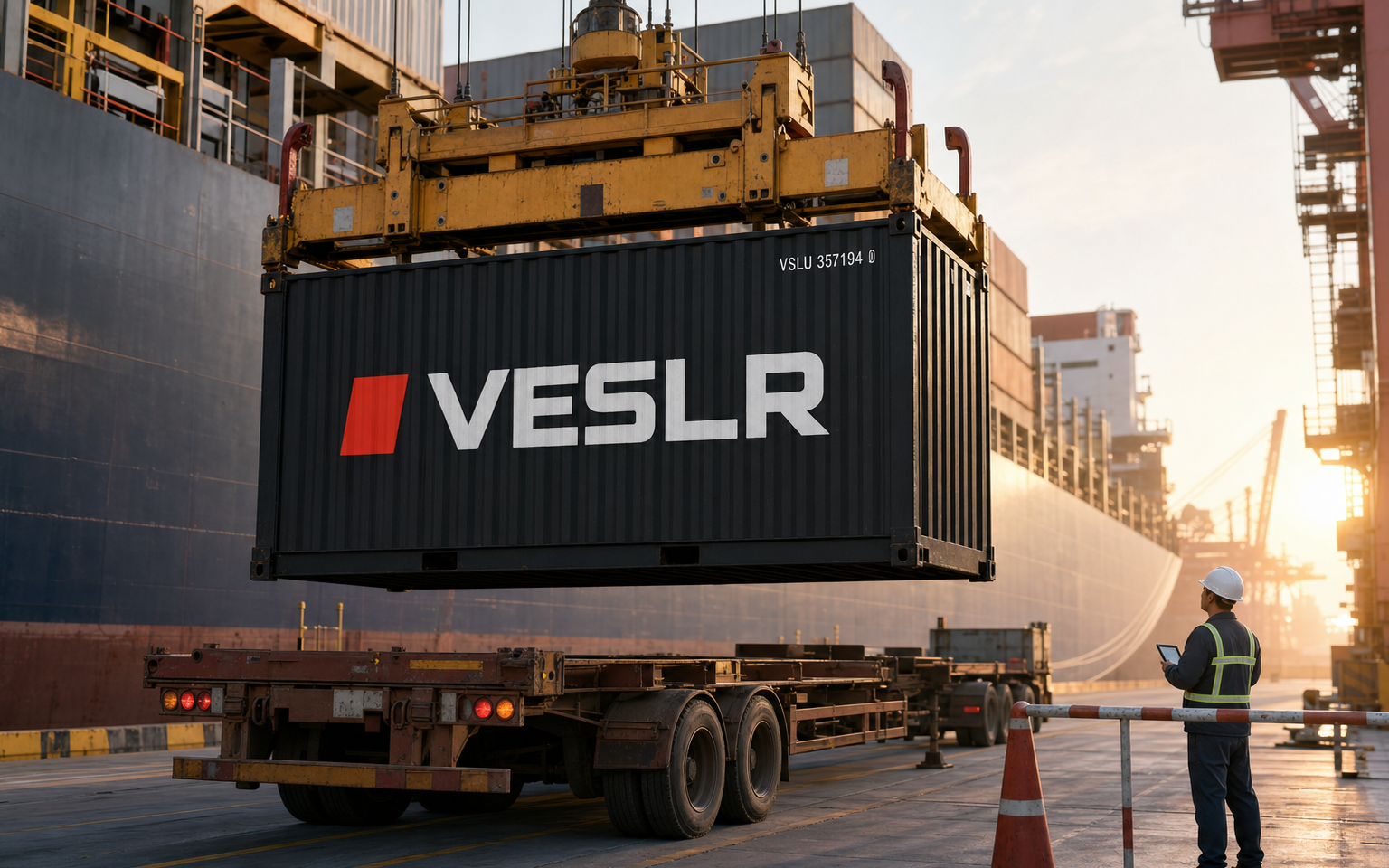Black VESLR container being transferred by crane between a terminal trailer and an export vessel