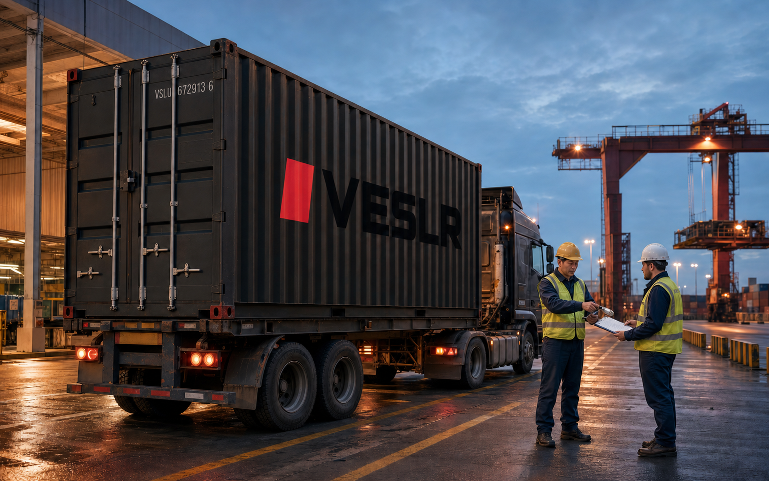 Black VESLR freight container at a China terminal as two operators review an export handoff