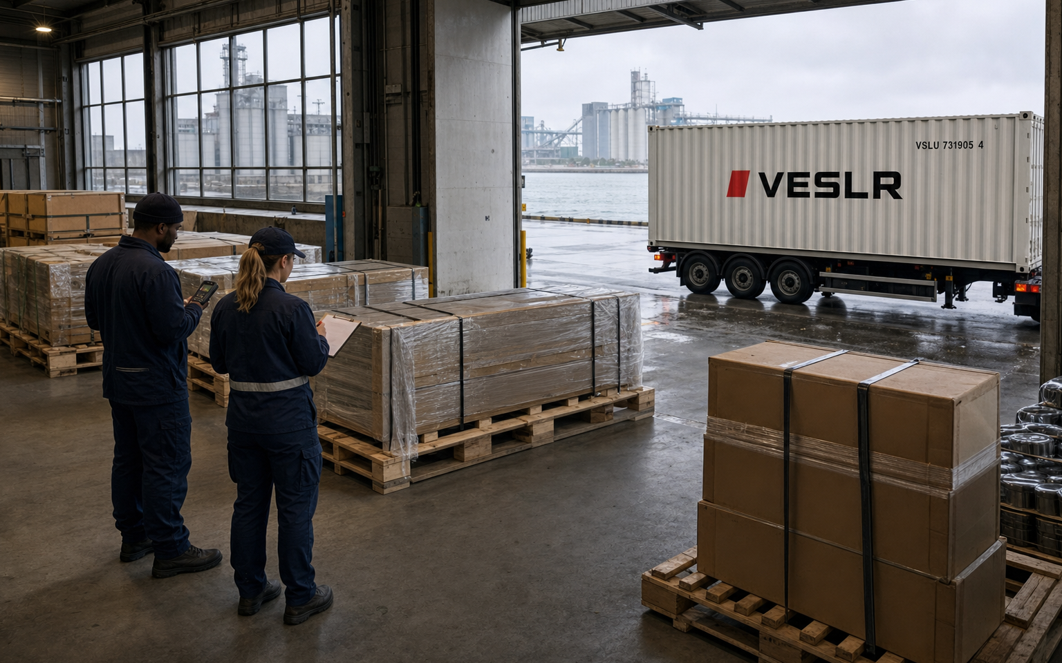 Warehouse cargo held in orderly lots while a Black Sea sailing remains unconfirmed