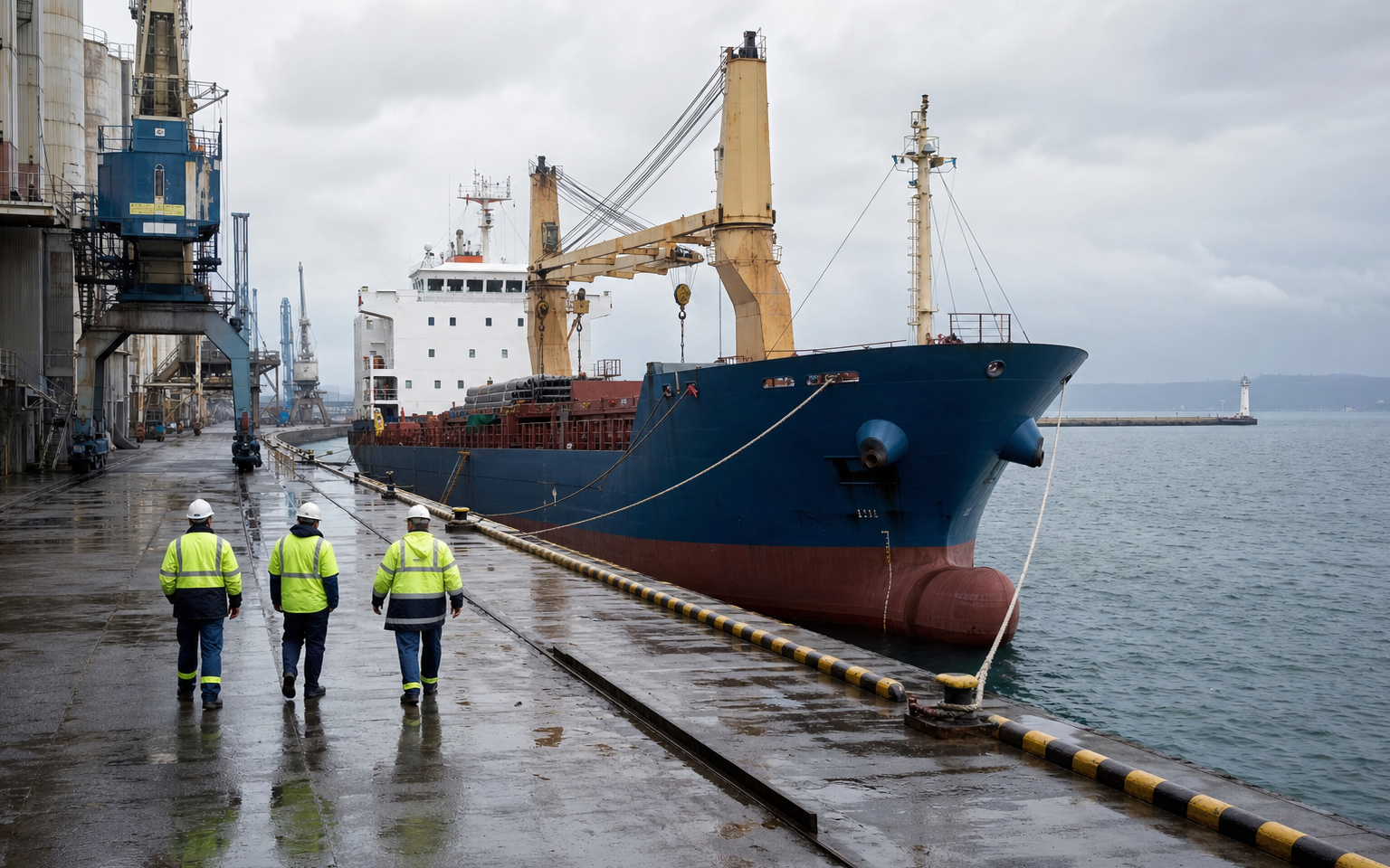 Civilian merchant vessel at a Black Sea cargo terminal under a subdued sky with crews working safely