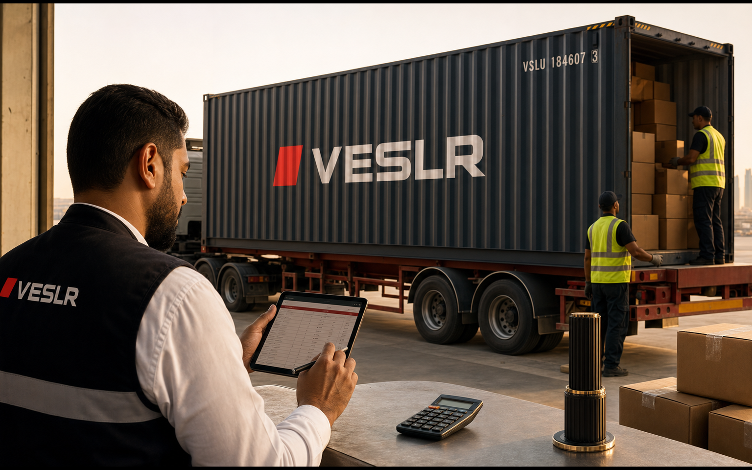 VESLR coordinator reviewing a cost allocation as cartons are loaded into an open navy container