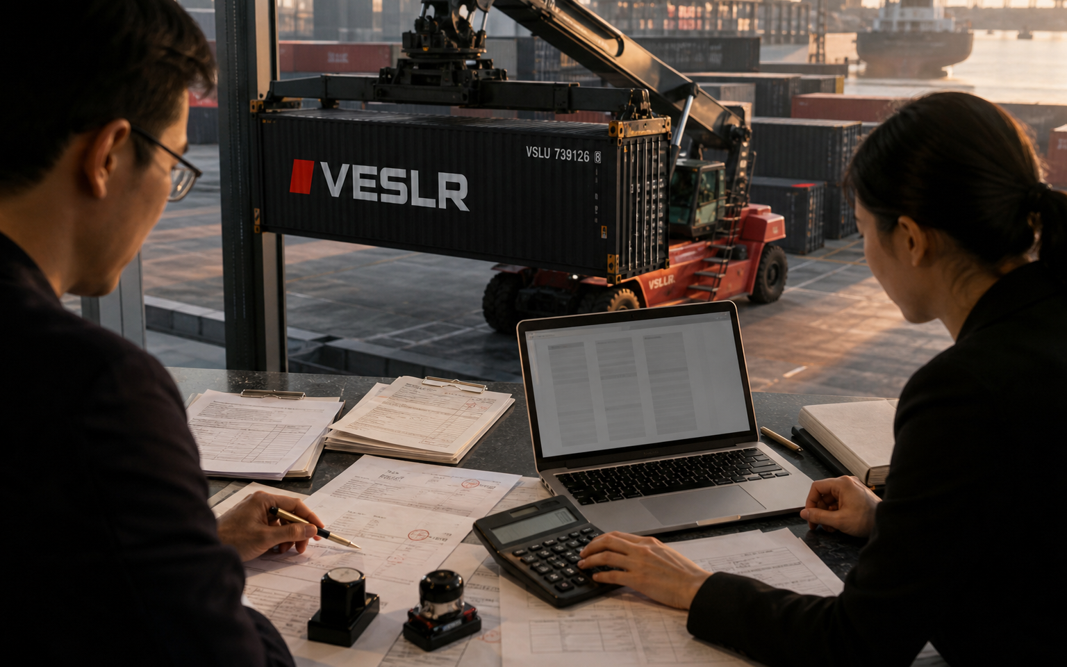 Import team calculating landed unit cost as a black VESLR container moves through a China terminal