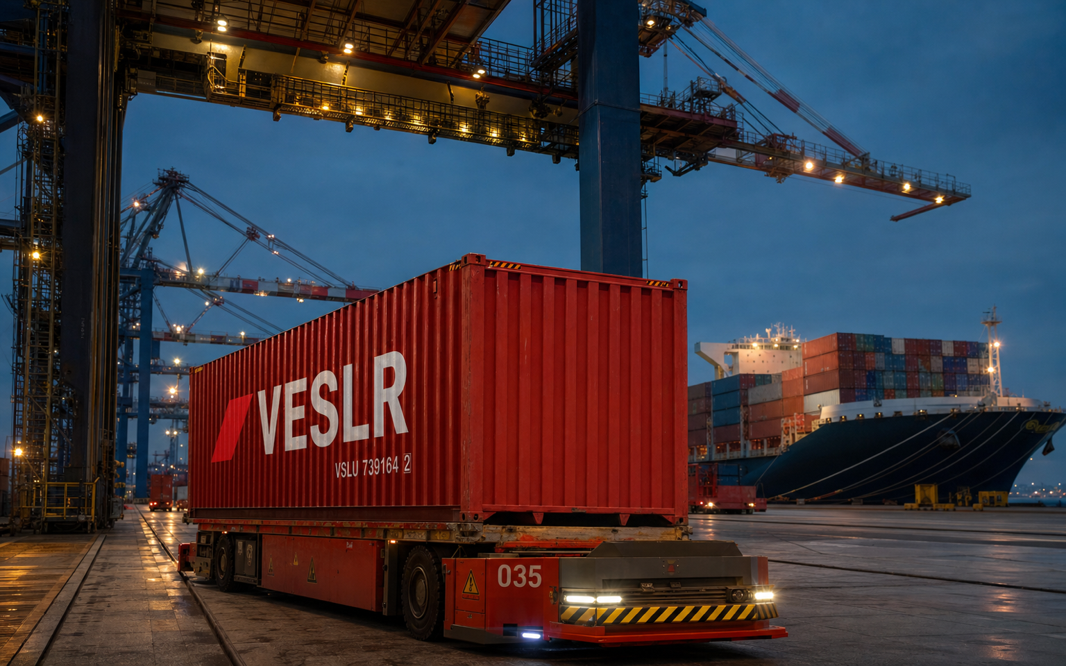 Large container vessel departing an advanced Chinese port for the Gulf at twilight