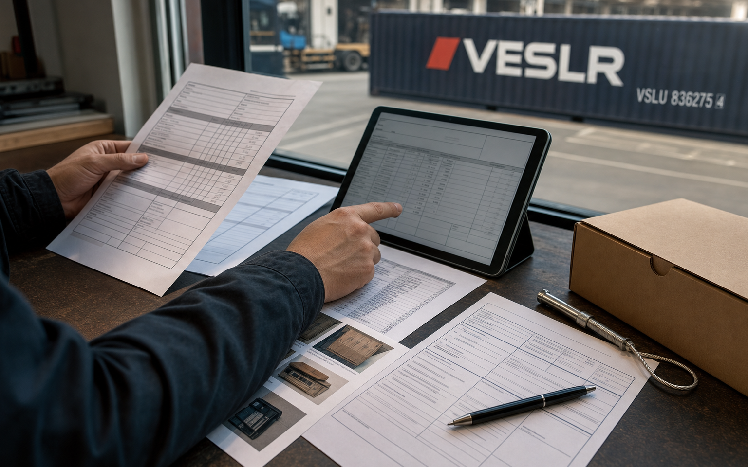 Commercial invoice and packing-list data being reconciled with labelled export cartons in China