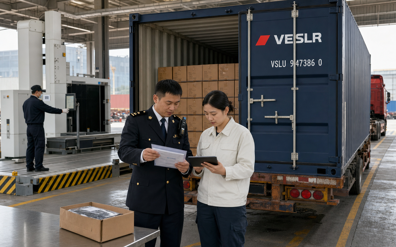 Open navy VESLR container at a customs inspection facility as an officer reviews the shipment file