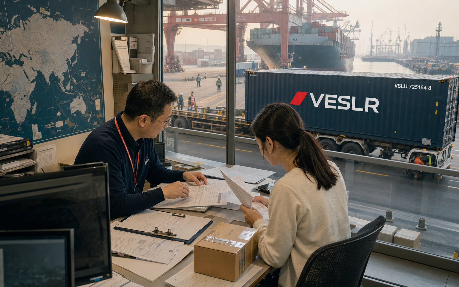 Accurate China import paperwork reviewed beside a navy VESLR container at an international terminal