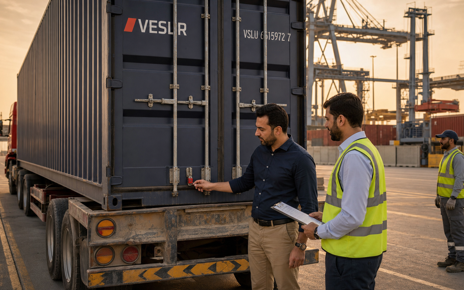 Closed navy VESLR container at a Qatar terminal as operators check the fitted door seal before delivery