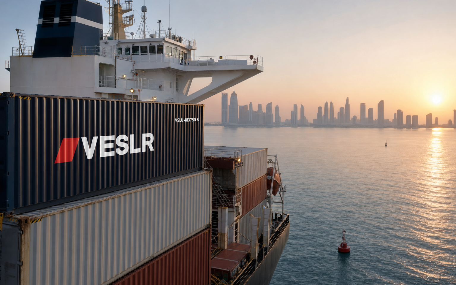Navy VESLR container arriving by sea with Doha's skyline visible across the harbour at sunrise