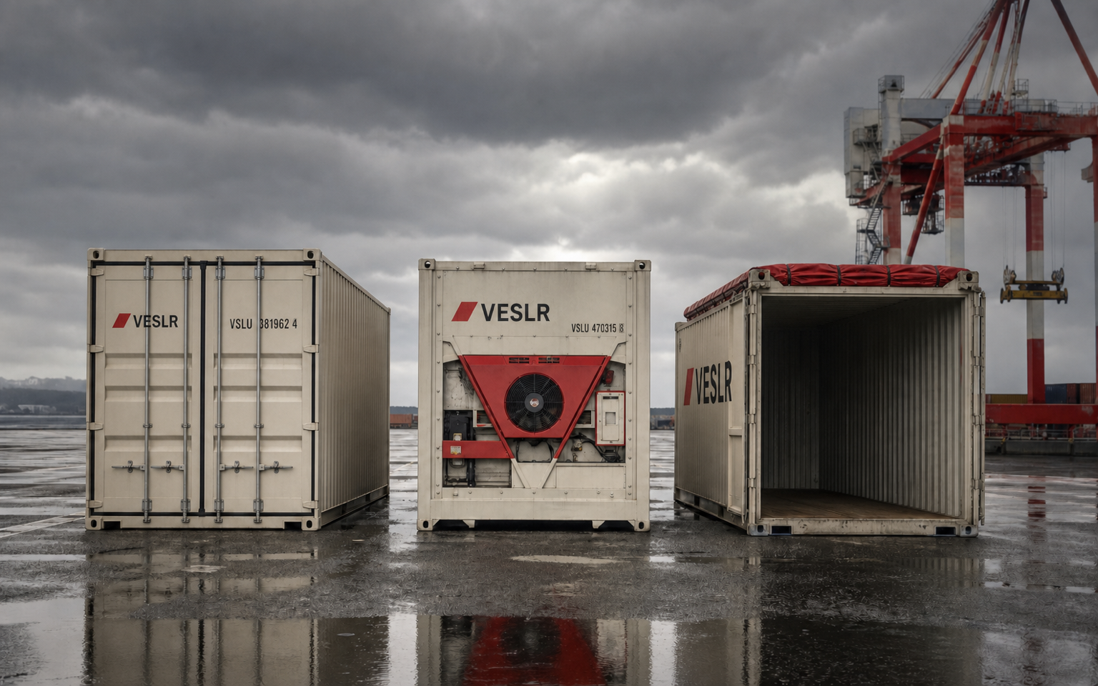 Dry refrigerated and open-top shipping containers arranged in a cinematic port scene