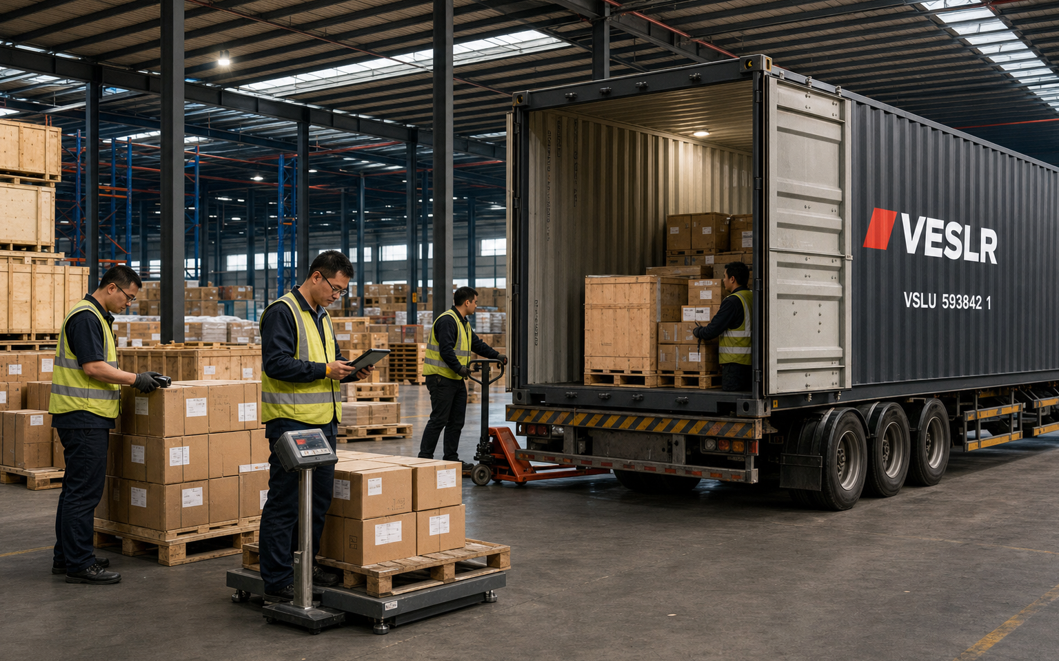 Color-coded cartons from several Alibaba suppliers being received and measured at a China consolidation hub