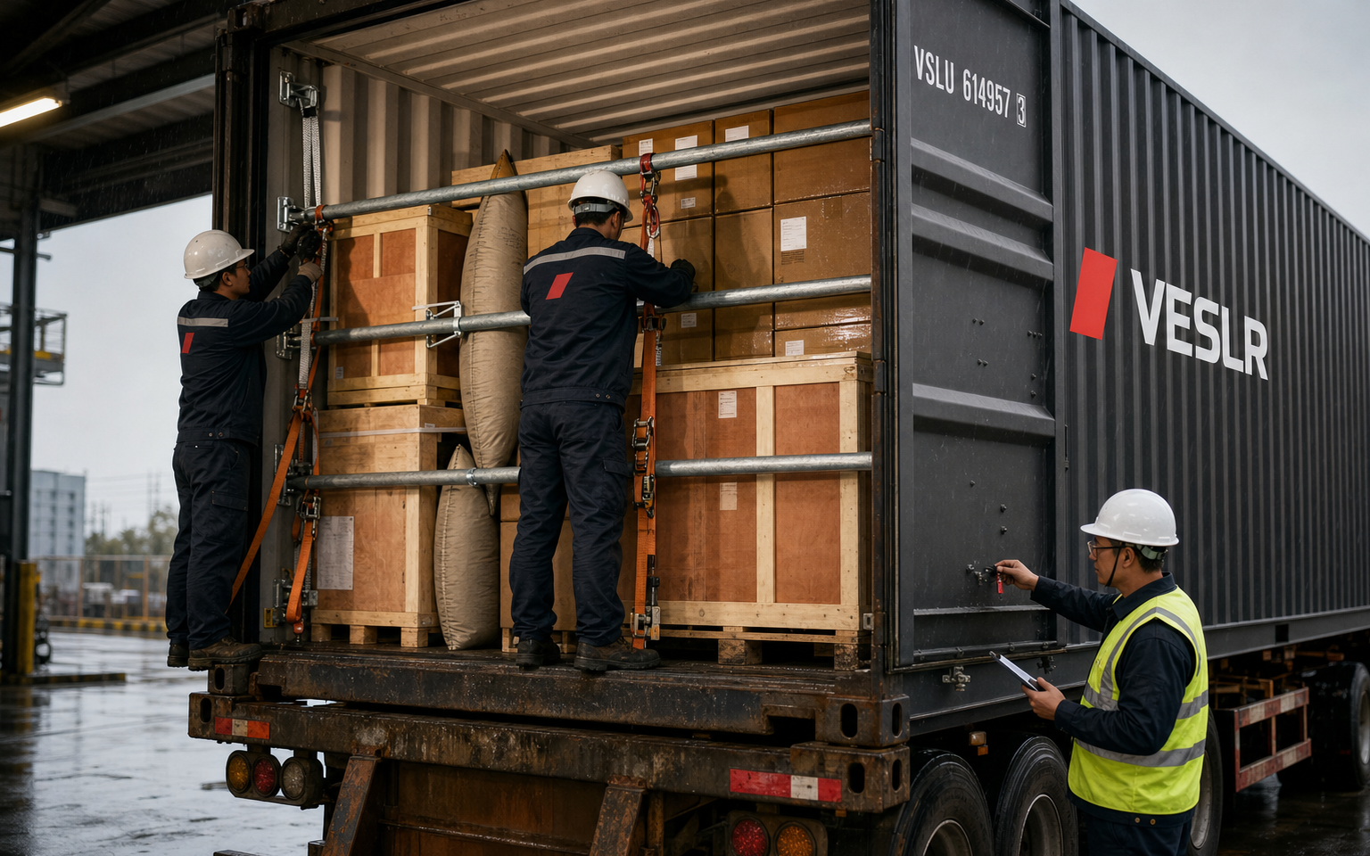 Warehouse team securing mixed crated cargo inside an open navy VESLR container before door closure