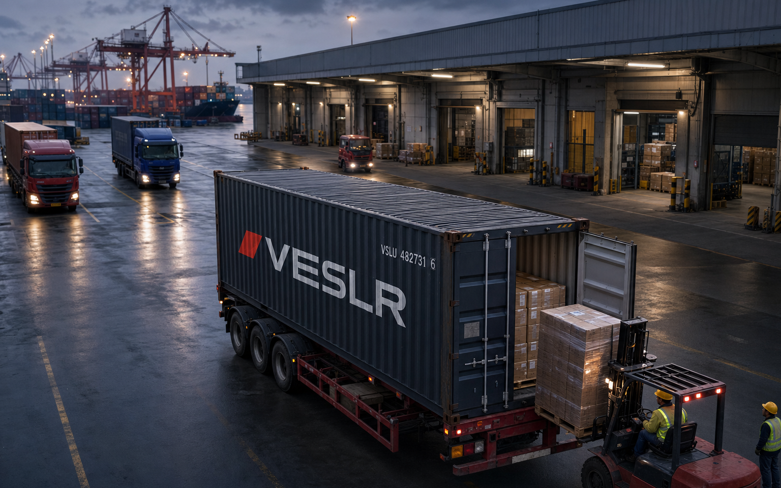 Multiple China supplier shipments being consolidated into an open navy VESLR container at a modern warehouse