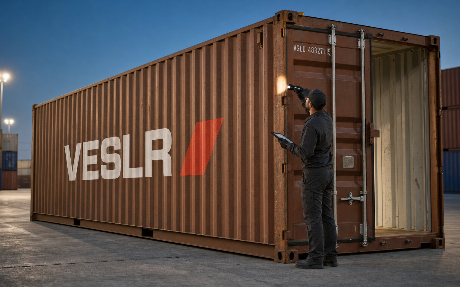 Inspector examining the doors and floor of a used shipping container in daylight