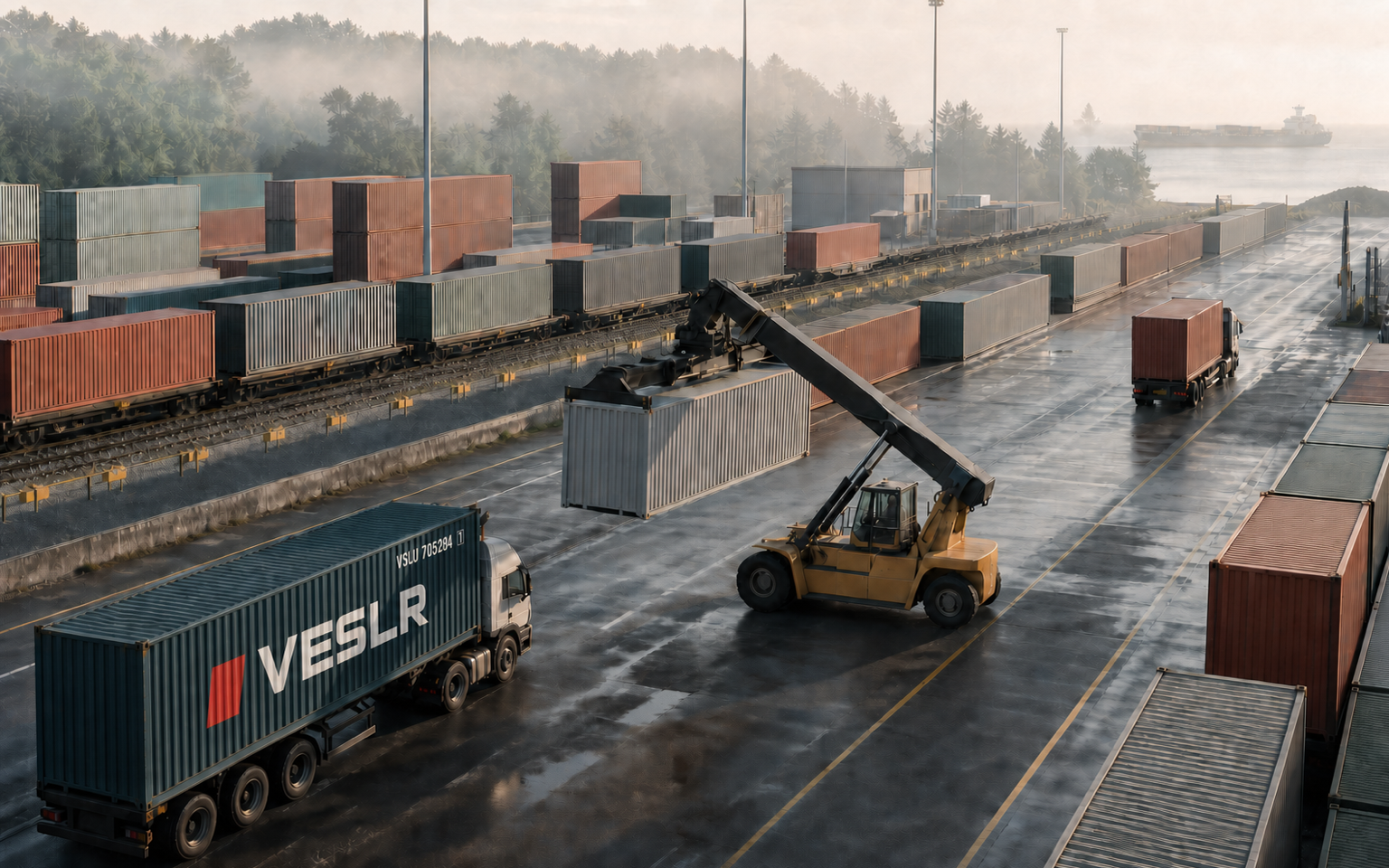 Leased shipping containers moving through a longer global route cycle