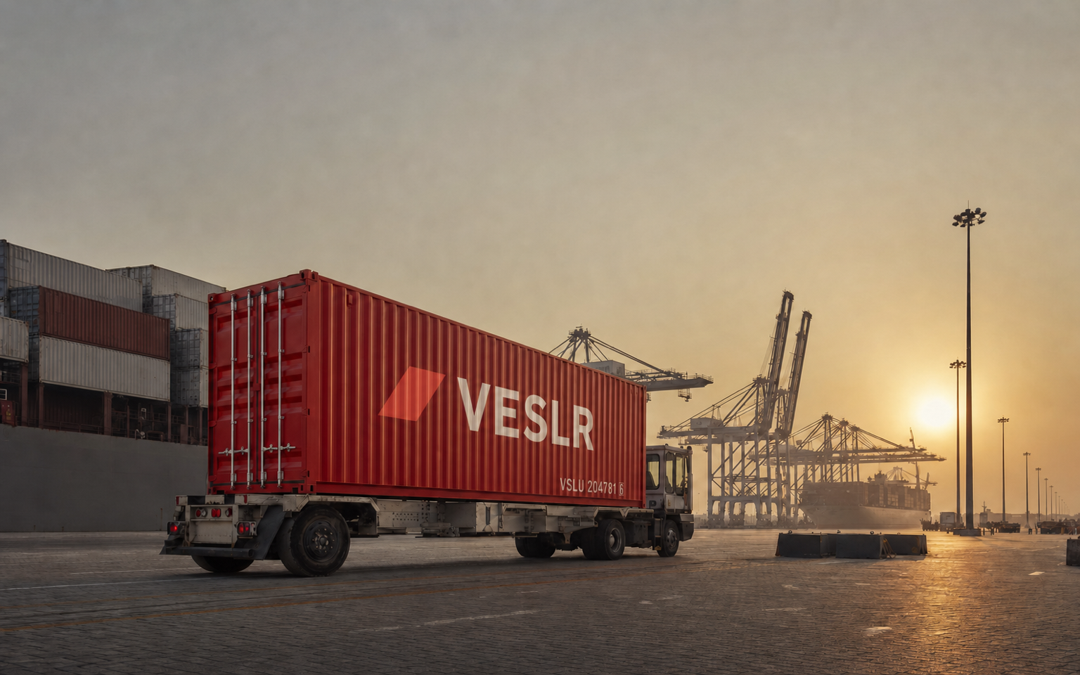 Red shipping containers being handled at a modern Qatar port at sunrise