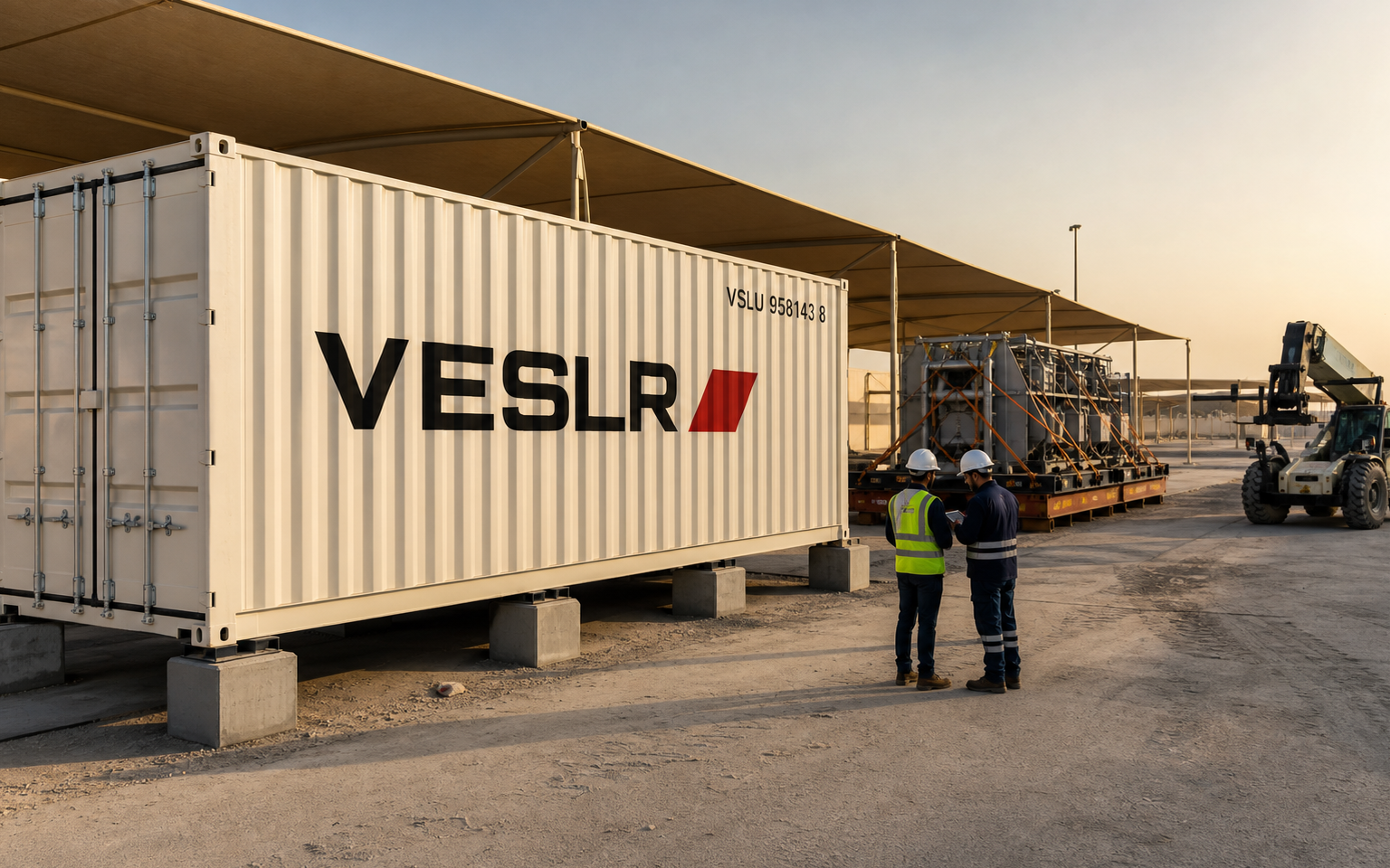 Shipping containers supporting a large Qatar infrastructure project under desert evening light