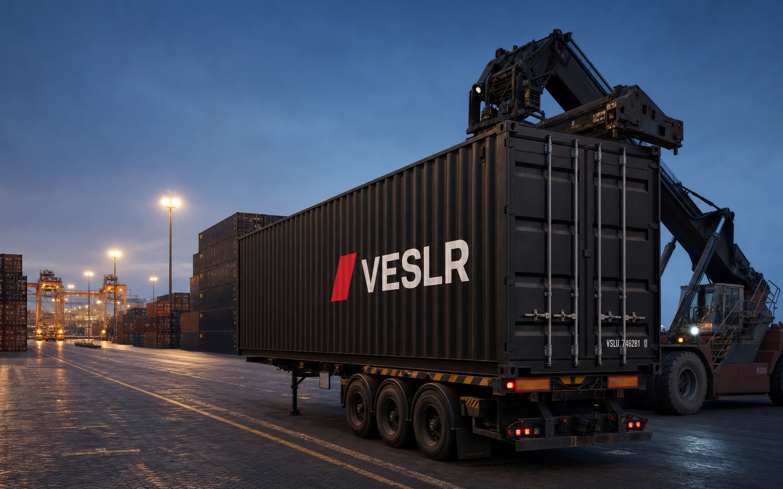 Single import container waiting in a terminal while an illuminated clock motif forms in shadows