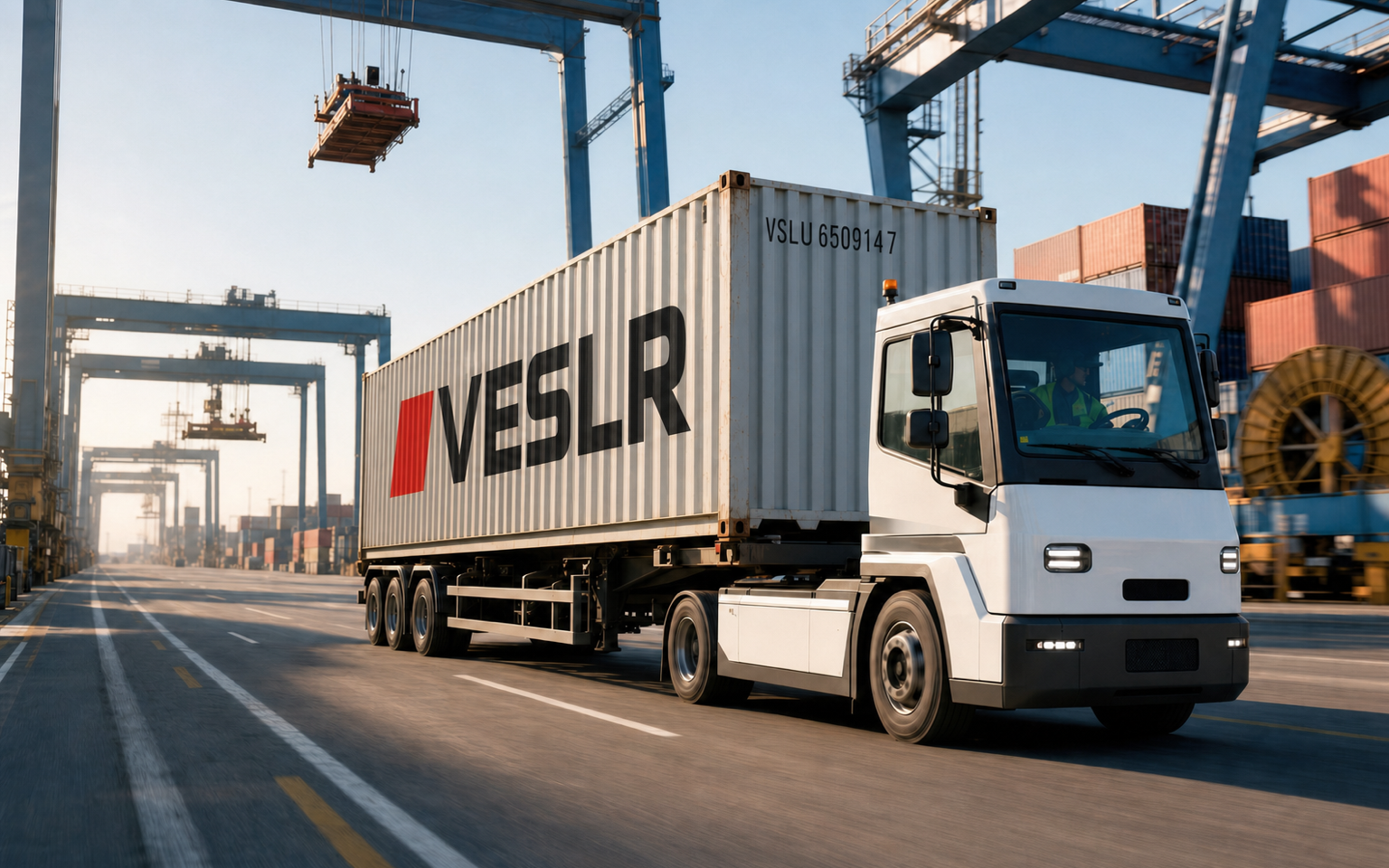 Electric port tractor moving a container between terminals