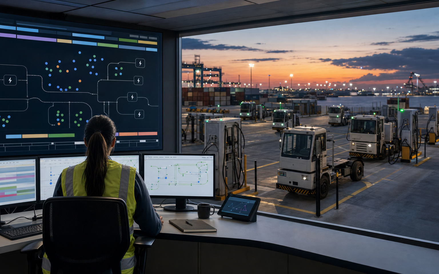 Charging and fleet-control system scheduling electric container tractors