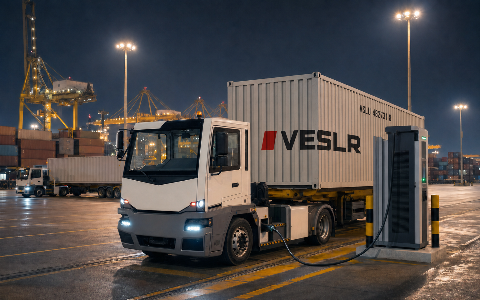 Electric container tractor charging during round-the-clock operations at Jebel Ali Port