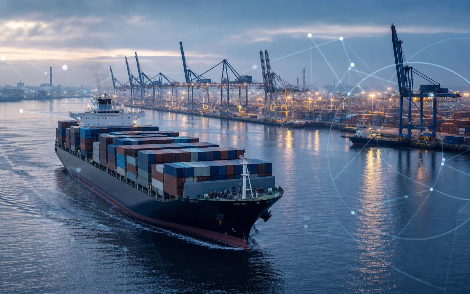 Container vessel approaching a European port with carbon-accounting data overlay