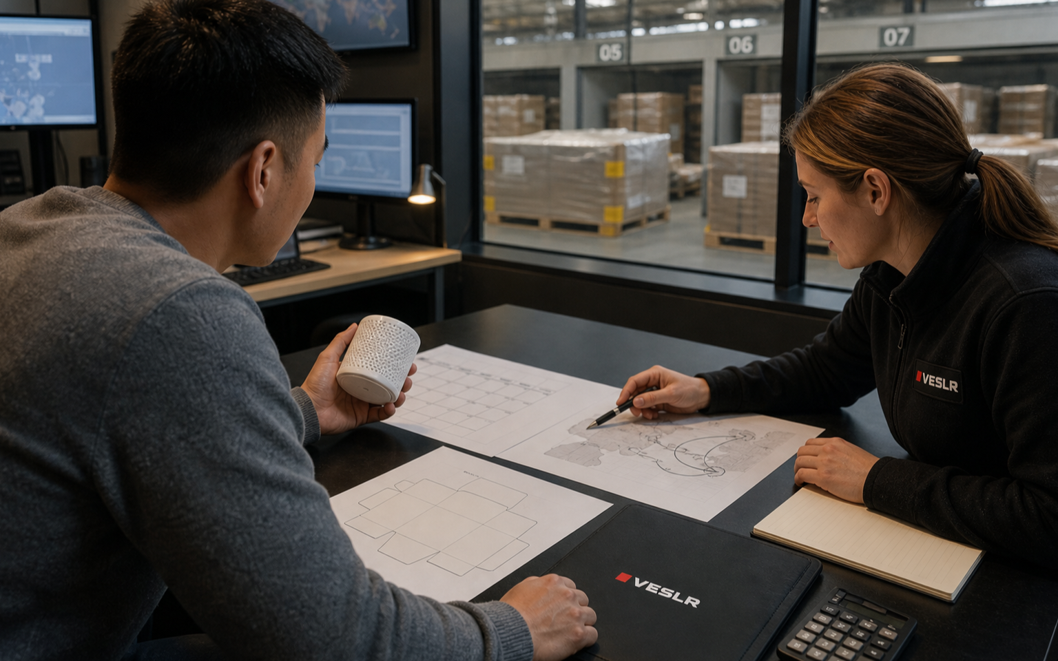Importer and VESLR logistics specialist reviewing product packaging and route plans beside a China warehouse