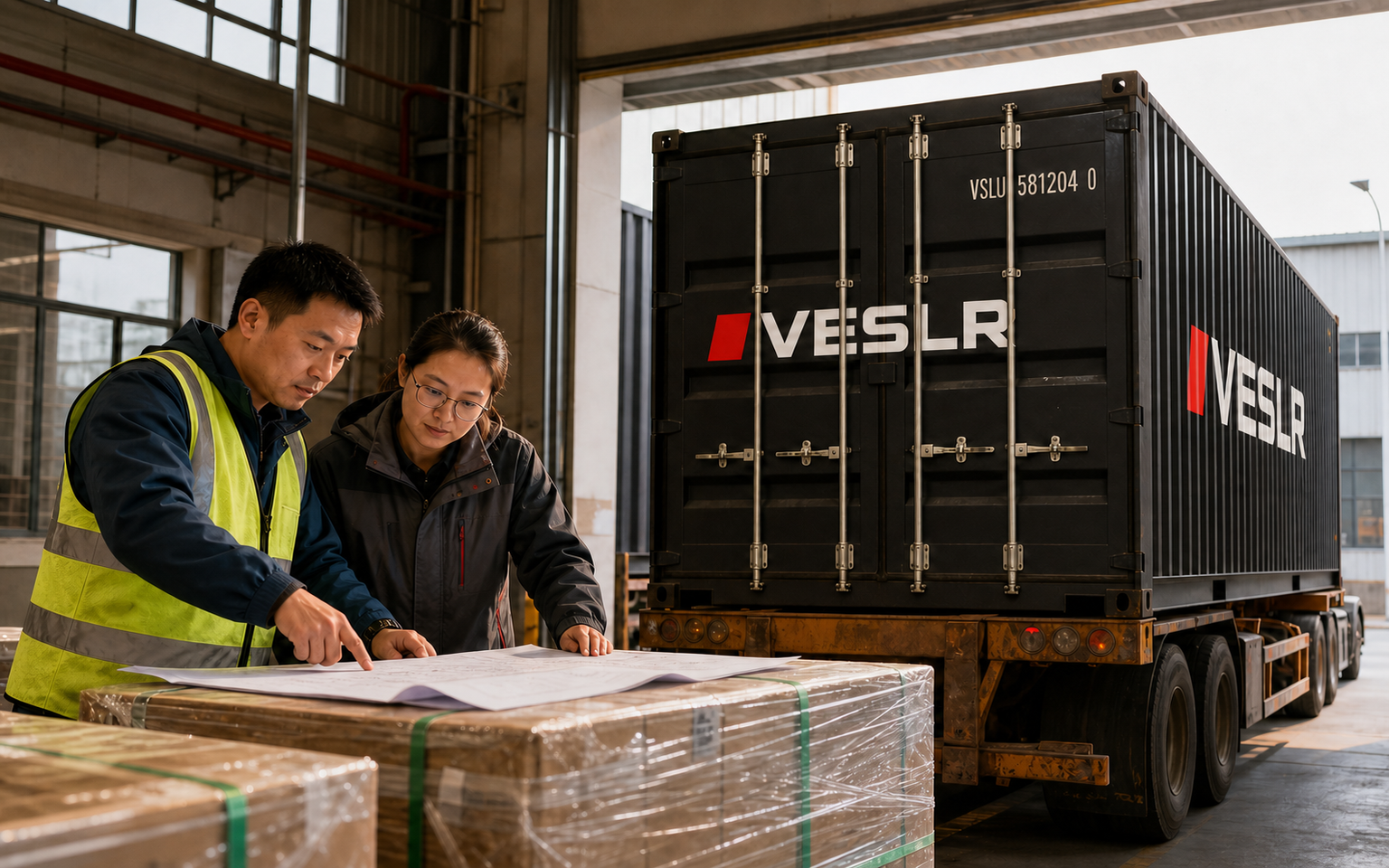 First-time importer reviewing a shipment plan beside a black VESLR container at a modern China warehouse
