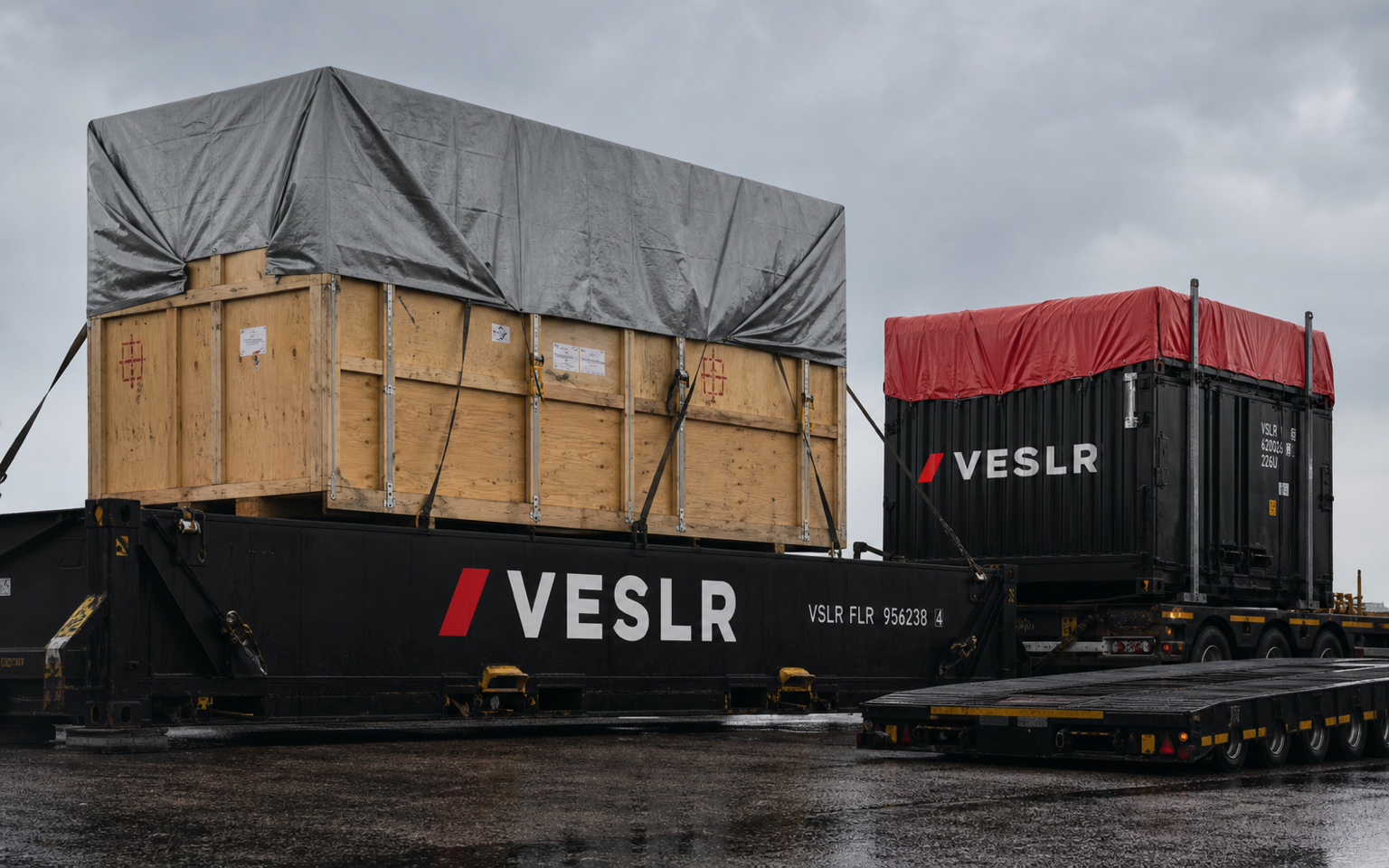 Flatrack open-top container and roll trailer staged with realistic project cargo equipment