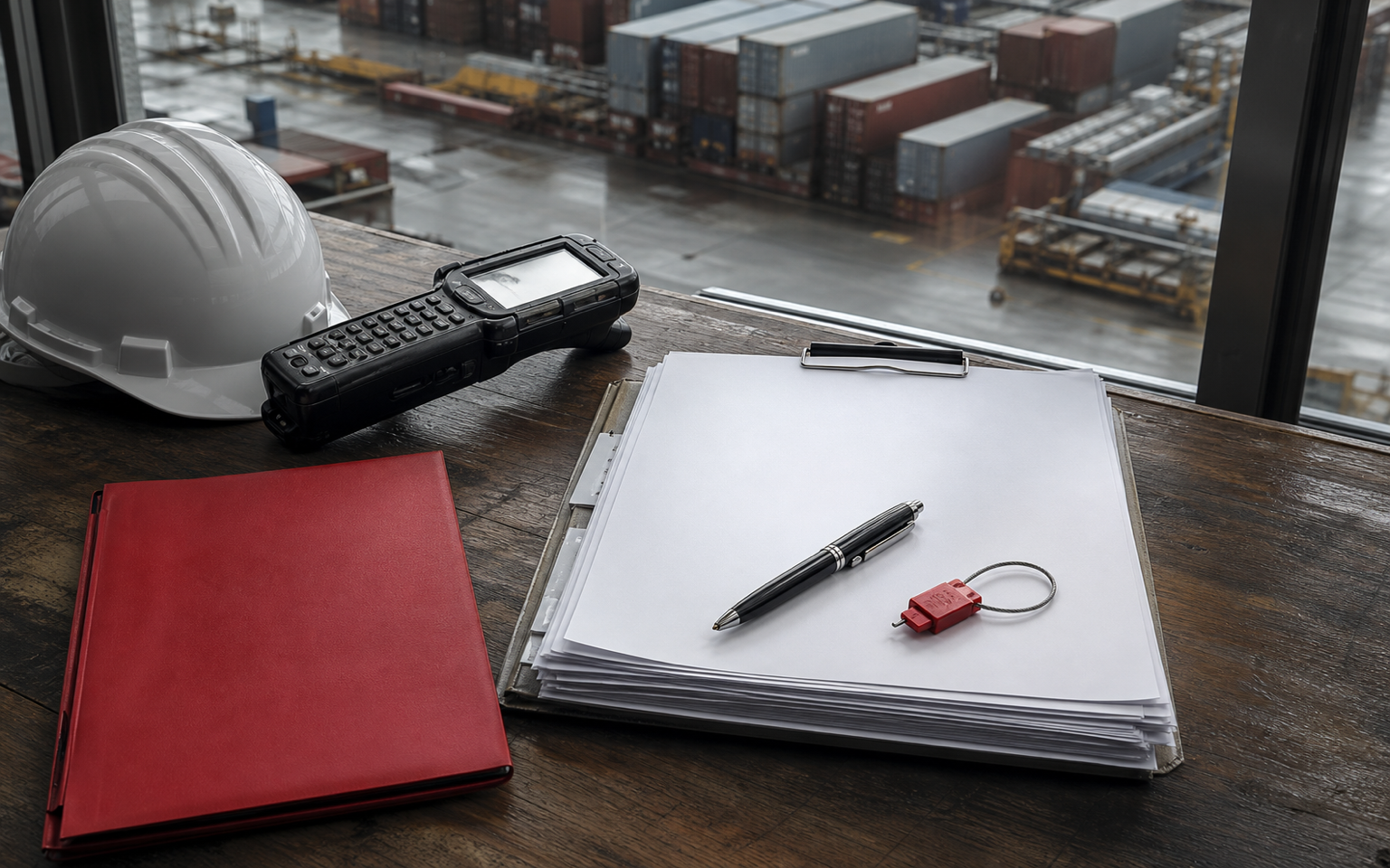 Shipping documents beside a container terminal window in sophisticated natural light