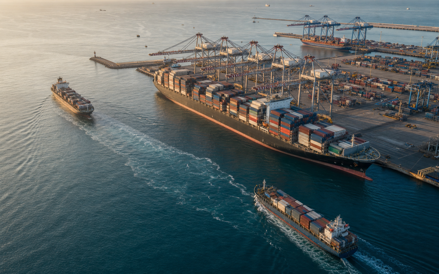 Mainline and shuttle container vessels meeting in a hub-led ocean network