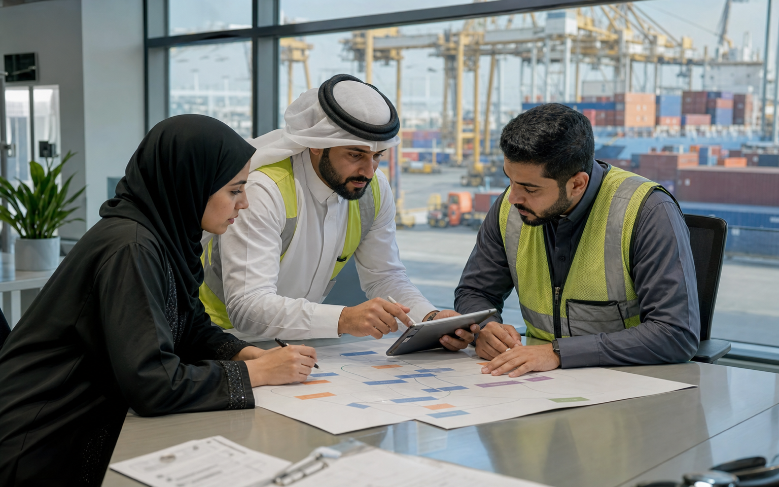 Operations team reviewing a container release plan at Hamad Port