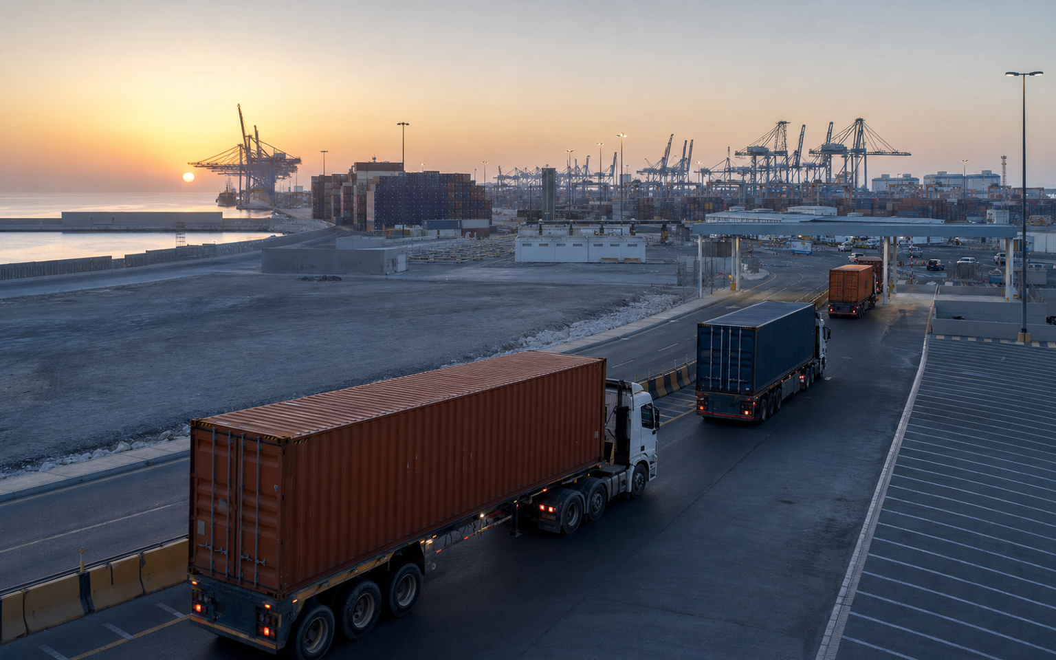 Container trucks leaving Hamad Port for Qatar logistics zones at first light