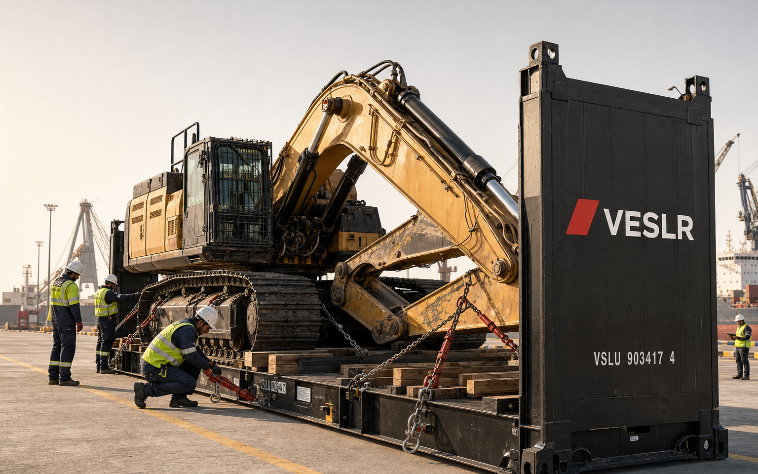 Large industrial machine prepared on a reinforced transport cradle under cinematic workshop lighting