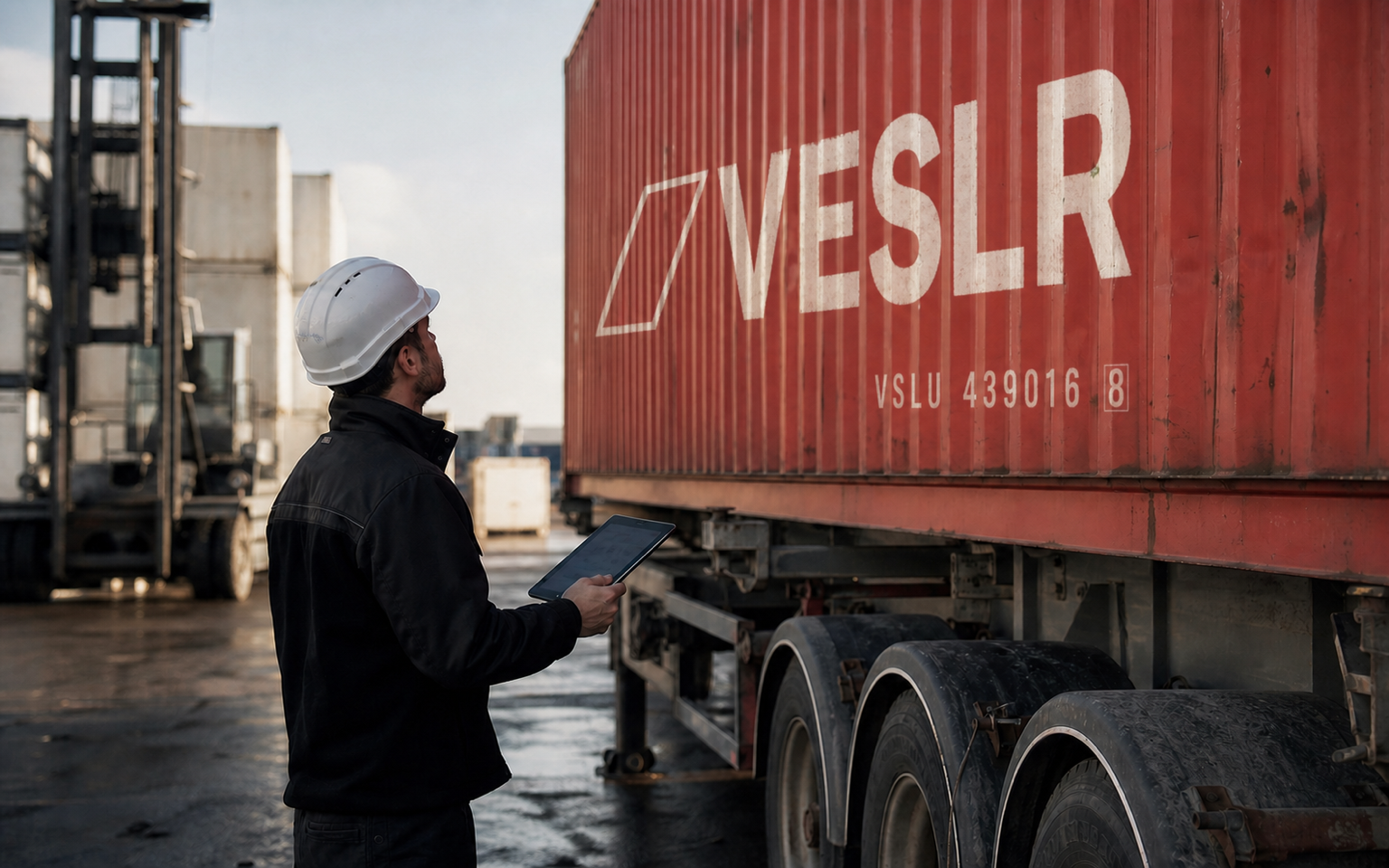 A leased shipping container moving through a global terminal with cinematic evening light