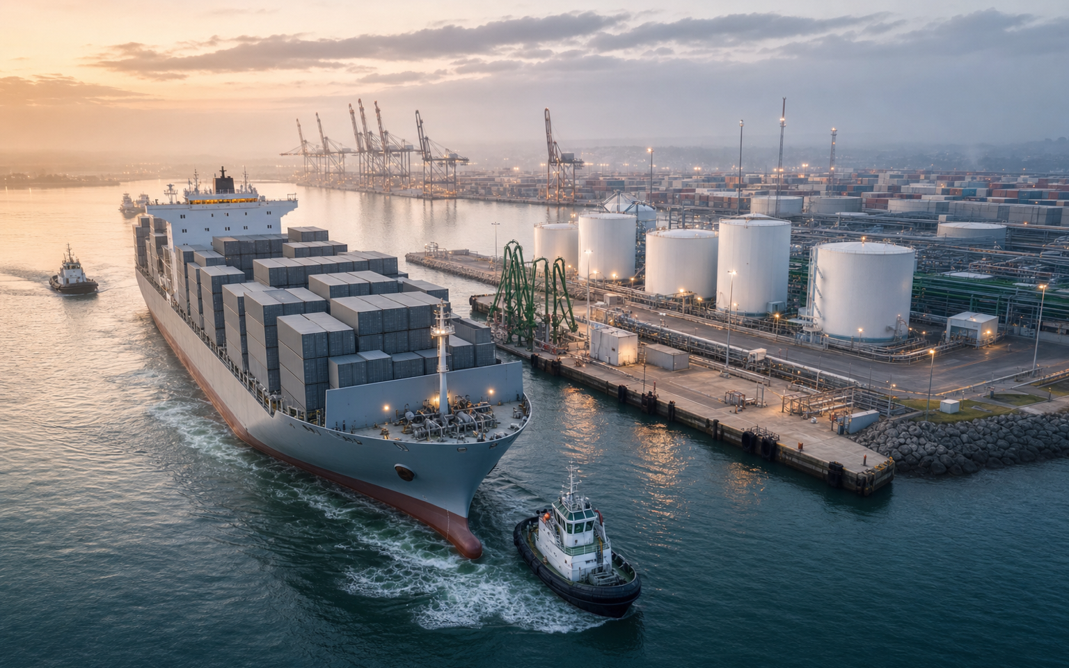 Alternative-fuel container ship approaching a prepared bunkering port
