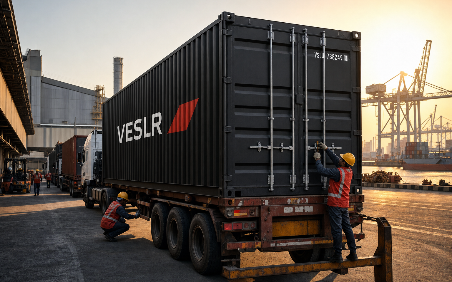 Indian export containers moving from an industrial loading site toward a busy seaport at sunrise
