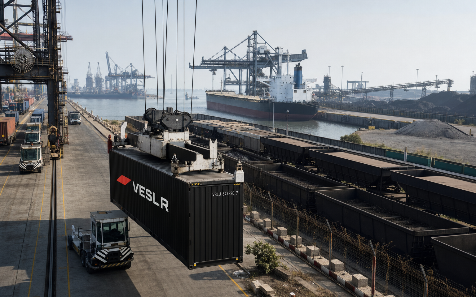 Bulk and container cargo operations sharing a large Indian Major Port complex in daylight