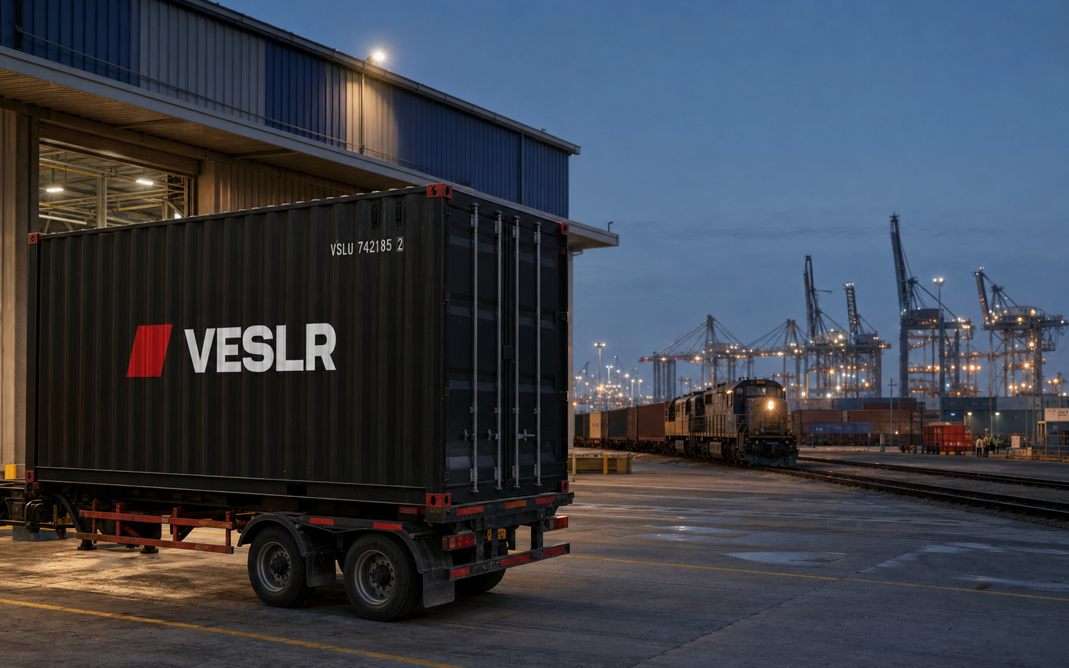 Indian manufacturing plant connected by trucks and containers to a modern freight terminal