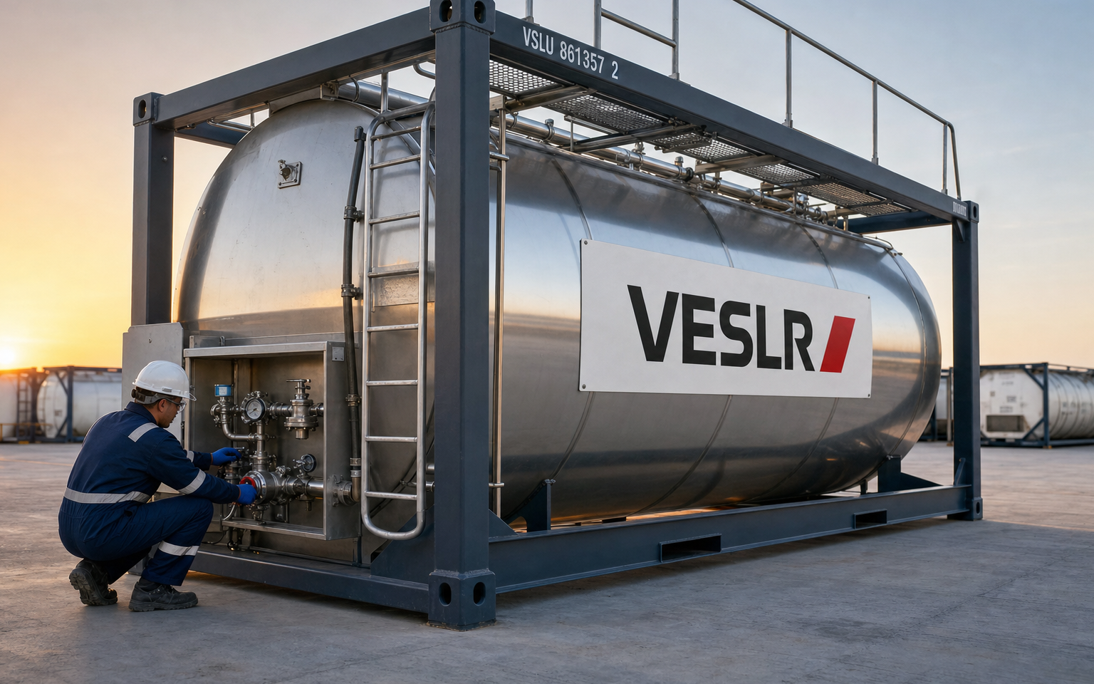 Stainless-steel ISO tank container in a clean intermodal terminal with dramatic light