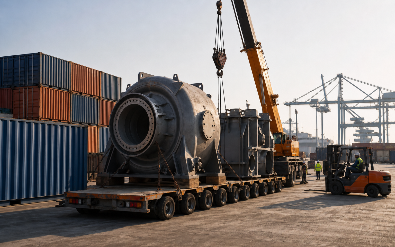 Mixed container and heavy cargo staged at a Gulf terminal
