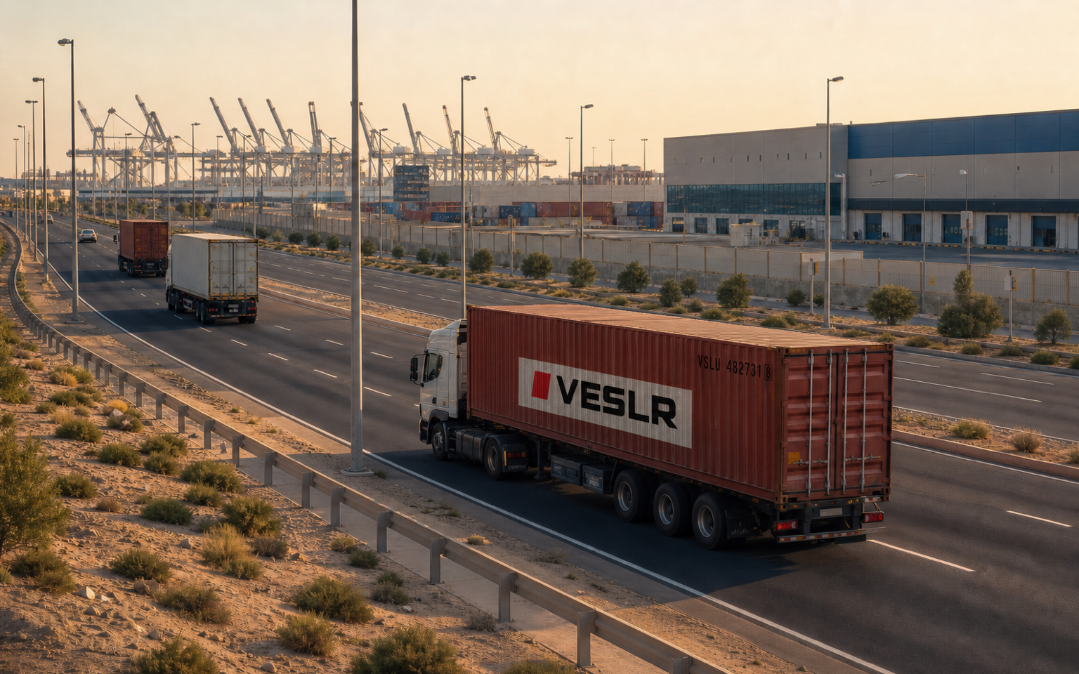 Container trucks moving between Jebel Ali Port and regional logistics facilities