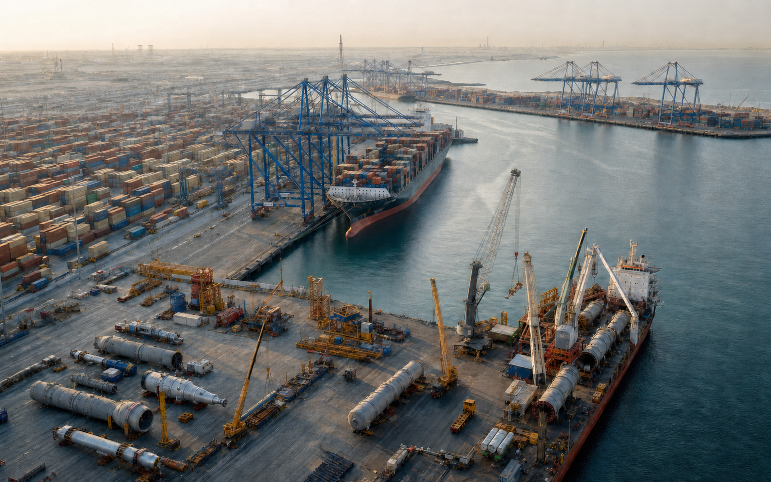 Busy container and breakbulk operations at Jebel Ali Port in Dubai