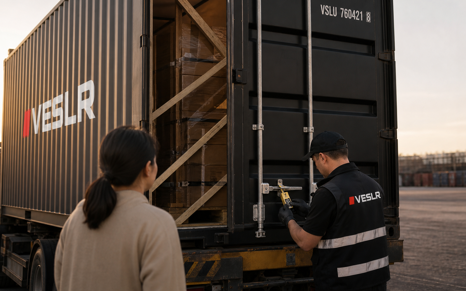 Open black VESLR full container with secured pallets as an operator prepares the door seal