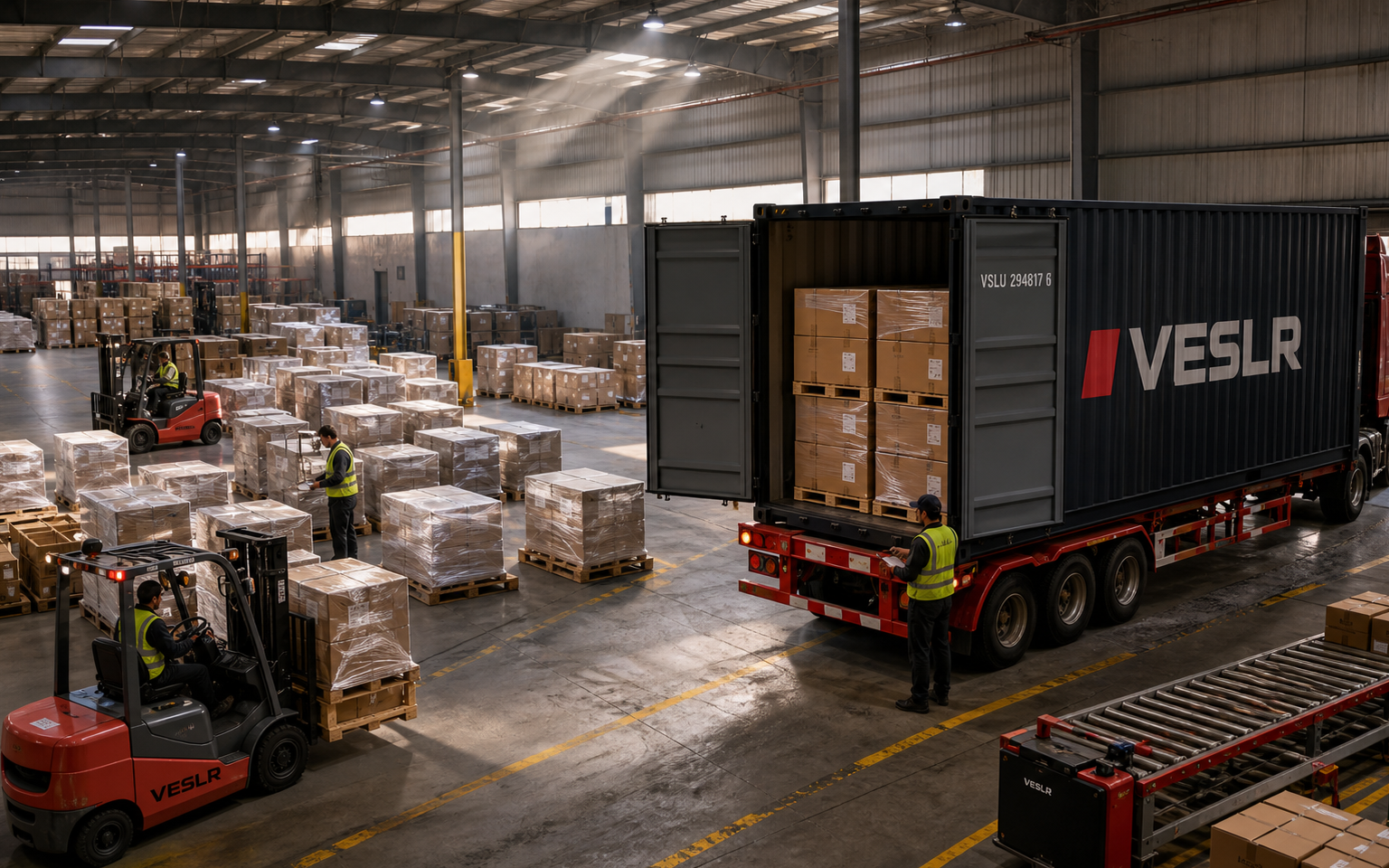 LCL consolidation warehouse beside an open black VESLR full container being loaded for export