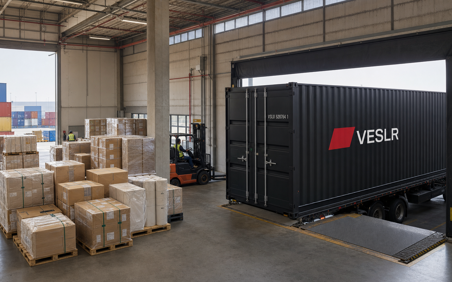 Consolidated pallets and a sealed full container shown in a cinematic warehouse split scene