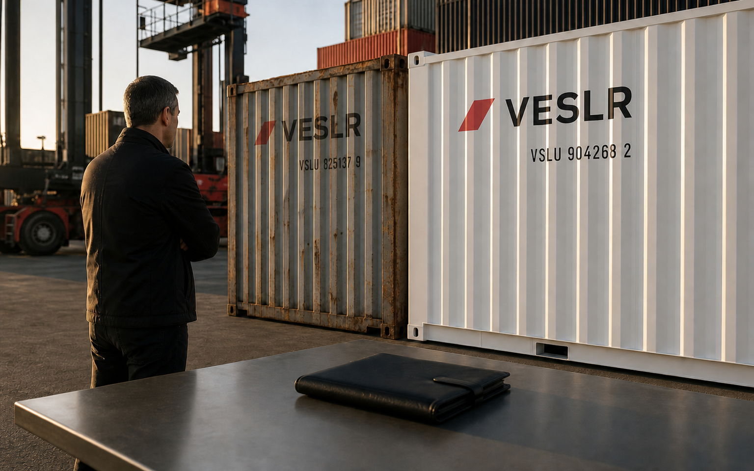 New and used shipping containers in a precise industrial depot inspection scene