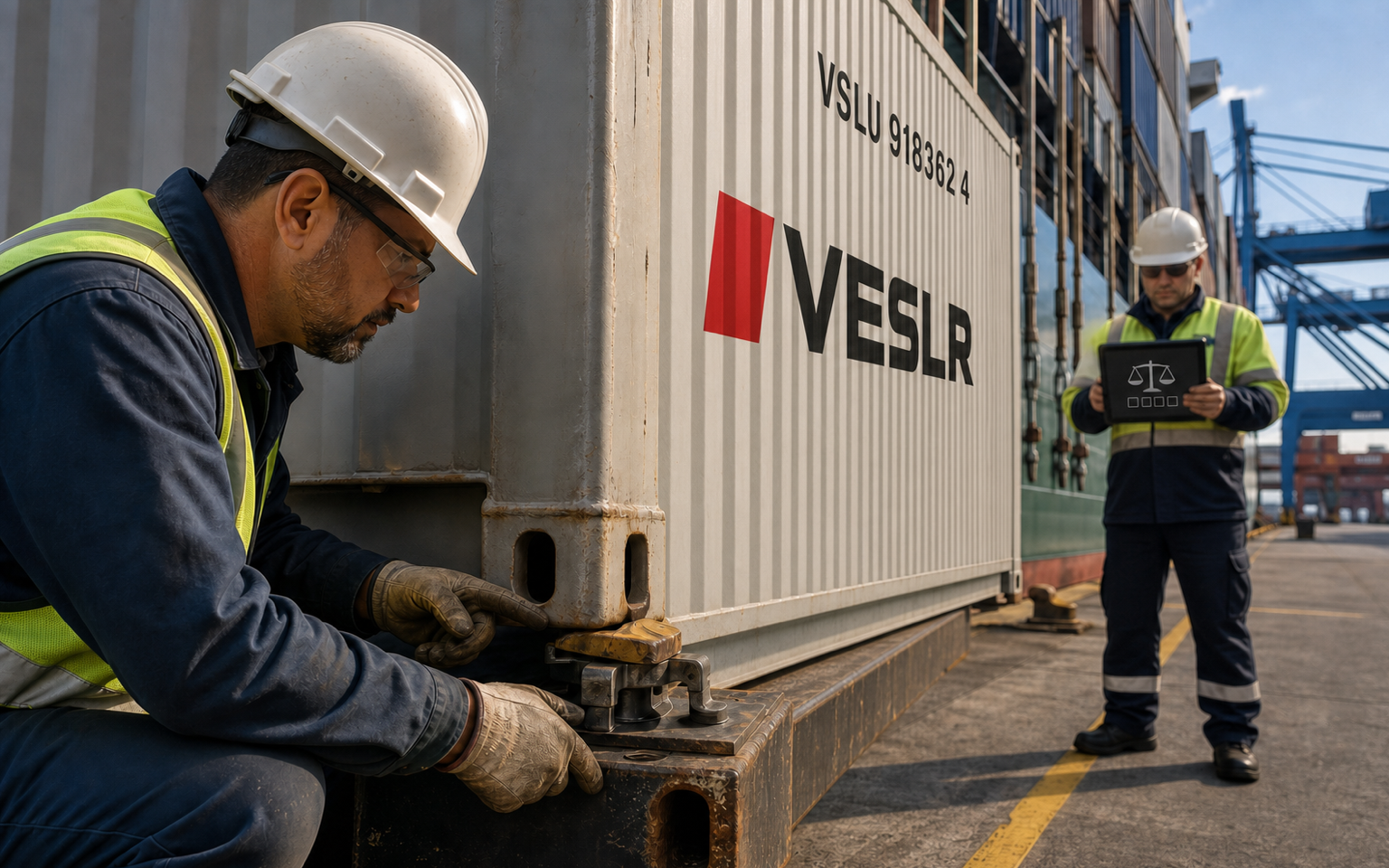 Container twistlocks, lashing and verified gross mass checks before vessel loading