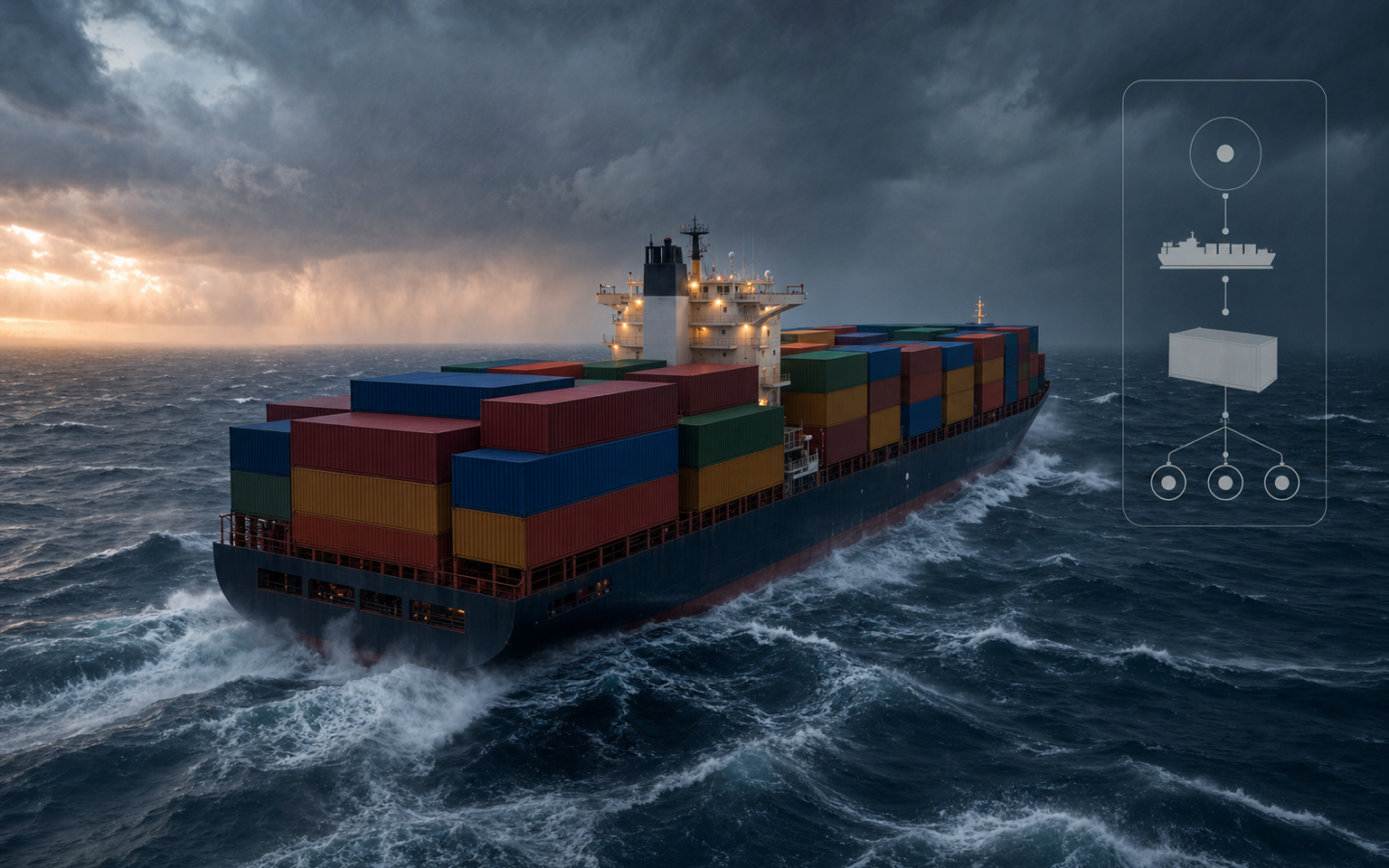 Container vessel in heavy weather with a controlled incident-reporting workflow